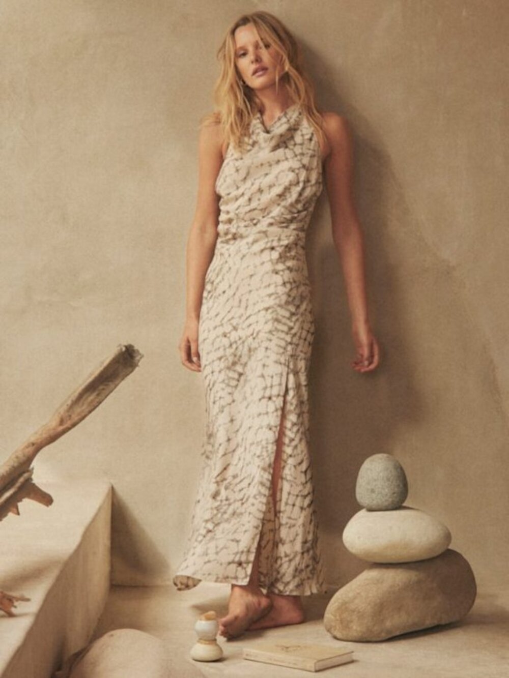 Lulus Trending Adoration Taupe And Grey Abstract Halter Maxi Dress - Size M